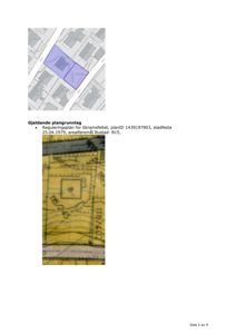 Bildet viser en oversiktskart eller situasjonsplan over et område (Skramsfeltet) med en markert tomt (lilla) og en eldre, gult farget plan fra 1979. Det er også tekst som beskriver 'Gjeldende plangrunnlag'.