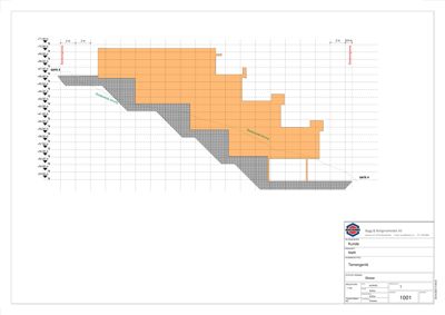 Tegning som viser bygningens plassering i forhold til terrenget, med høydemål og gateinnganger.