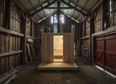 Fotografi av en innendørs scene, sannsynligvis et gammelt skur eller uthus, der en nybygd, lysende sauna står midt i rommet.