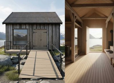 En 3D-visualisering (rendering) som viser både utsiden og innsiden av en hytte i et fjordlandskap.