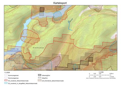 Kart over et område med topografi, vann og kommunegrenser, inkludert en oversikt over ulike planområder (f.eks. utlosning, aktsomhetsområder).