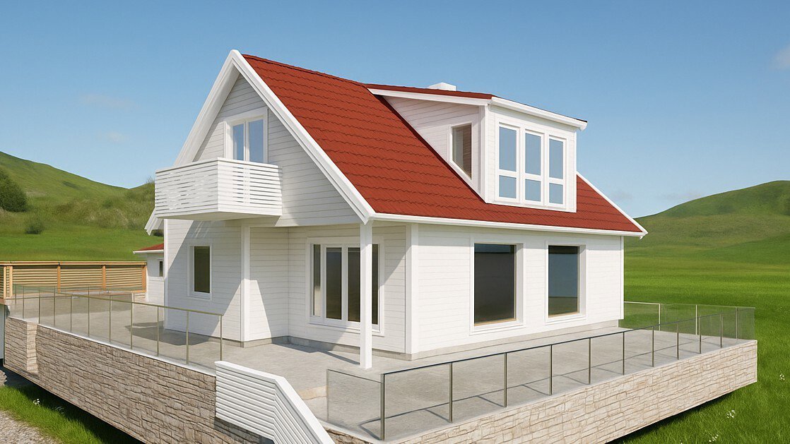 3D-visualisering av en hvit villa med rødt tak, sett fra en vinkel som viser fasade og deler av terrassen.