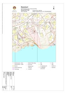 Situasjonsplan (Basiskart) som viser tomtens beliggenhet, høydemålerlinjer, eksisterende bebyggelse, vegnett og planlagt inngrep.