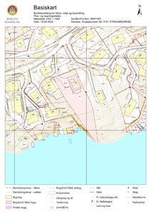Basiskart fra Bergen kommune som viser eiendomsgrenser, høydekurver, bygninger og infrastruktur i området Knappenvågen 56.