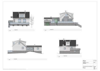 Fasadetegning som viser bygningens utseende fra fire ulike vinkler (Sør, Vest, Øst og Nord).