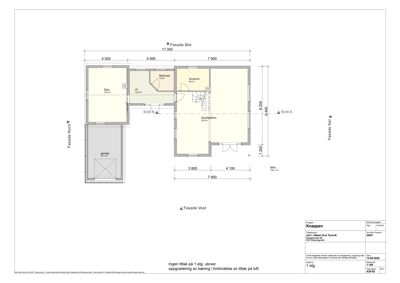 Etasjeplan for 1. etasje som viser romfordeling (stue, soverom, bad, garasje) og fasader.