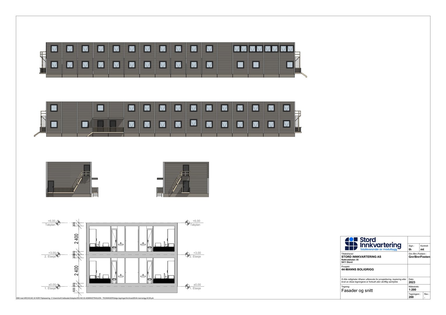Fasadetegning og snittegning av en bygning med oppriss av fasade og tverrsnitt.