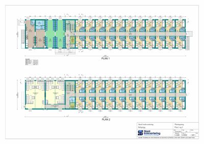 Etasjeplaner (PLAN 1 og PLAN 2) som viser romfordeling, stuer, soverom og bad i en boligblokk.