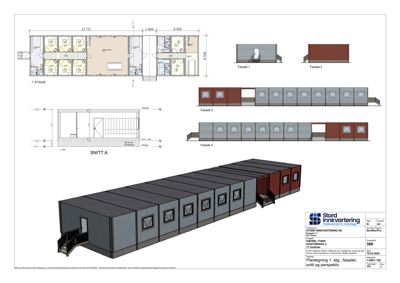 Bildet viser en samling tegninger for en modulær bygning, inkludert etasjeplan (1. ETASJE), snitt (SNITT A) og fasadeoppsett. Det er også inkludert en 3D-perspektivvisning av hele bygningen.