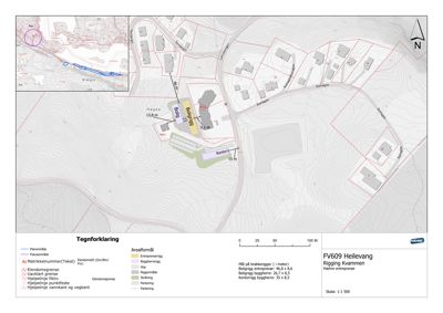 Situasjonsplan som viser tomtens beliggenhet, nabolag, veioppdeling, bygningers plassering og arealformål.