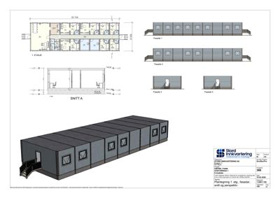 En tegningssamling som viser etasjeplan for 1. etasje, fasadeoppsett (Fasade 1-4), et snitt (SNITT A) og en 3D-perspektivvisning av bygningen.
