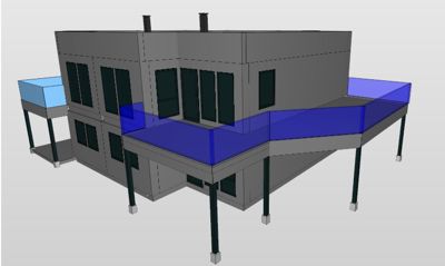 3D-visualisering av en bygning med synlig konstruksjon (støtter) og delvis gjennomsiktige elementer (blå farger) som antyder etasjer eller volumer.