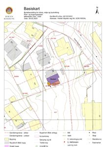 Basiskart (situasjonsplan) fra Bergen kommune som viser eiendomsgrenser, bygninger, vegnett og infrastruktur for adressen Harald Skjolds veg 8A.