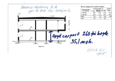Snittegning (Snitt A-A) av en bolig med håndskrevne notater om carport og arealoppdeling.