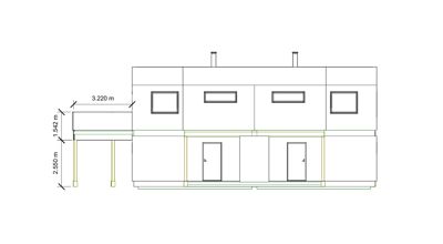 Fasadetegning som viser bygningens utvendige profil, vinduer, dører og dimensjoner.
