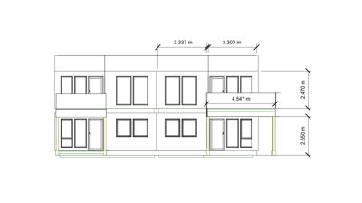 Fasadetegning som viser bygningens utside med vinduer, dører og mål på høyder og bredder.