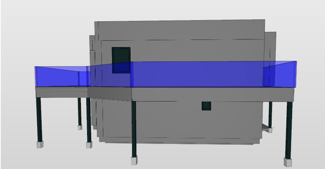 3D-visualisering av en bygning sett fra siden, med synlig grunnkonstruksjon (stolper) og et blått element som kan være en terrasse eller et tak.