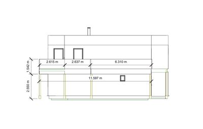 Snittegning som viser tverrsnittet av en bygning med angitte mål på høyder og bredder.