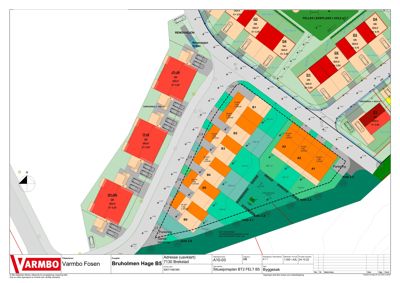 Situasjonsplan som viser tomtens beliggenhet, bygningers plassering (A1-B6), veier, parkeringsplasser og arealbruk.