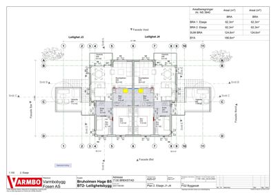 Etasjeplan (2. etasje) for en leilighet i et flerfamiliehus, med romfordeling, mål og arealberegninger.