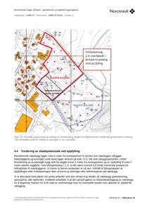 Et kart som viser et forslag til avgrensning av et forbelastningsområde (Nordre og Søndre område) i Bruholmen hage, Orland. Kartet inneholder topografi, nabobygg og en tekstboks med informasjon om overhøyde.