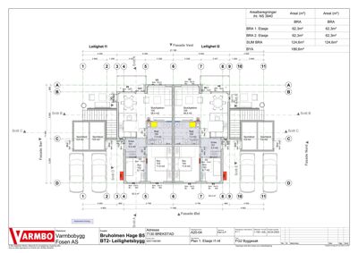 Etasjeplan (1. etasje) for leilighetsbygg med romfordeling, arealoppdelinger og snittlinjer.