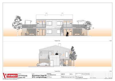 Fasadetegning som viser bygningens utseende fra to vinkler (Nord og Vest) med detaljer om vinduer, dører og materialer.