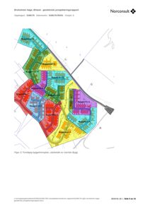 Situasjonsplan som viser en foreløpig byggetrinninndeling (Byggetrinn 1-13) på et tomt. Tegningen inkluderer også en del av en vei (D) og en bro (B).