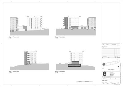 Bildet viser fire fasadetekninger (nord, syd, vest, øst) for en bygning med mål og skala.