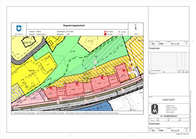 Reguleringsplan og situasjonsplan som viser tomtegrenser, bygningers plassering og arealbruk.