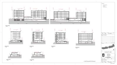 En tegning som viser snittegninger (tverrsnitt) av en bygning, inkludert etasjeplaner og fasadeoppriks.
