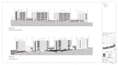 Bildet viser fasadetekninger (opprikk) av en bygning sett fra to ulike vinkler (mot sør og mot nord).