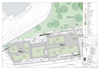 Situasjonsplan som viser tomtens grenser, bygningers plassering (Bygg 1 og Bygg 2), beplantning og vegger.