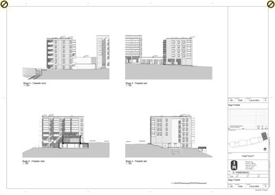 Bildet viser en tegning med fire fasadeoppvisninger (nord, syd, vest, øst) for et bygg.