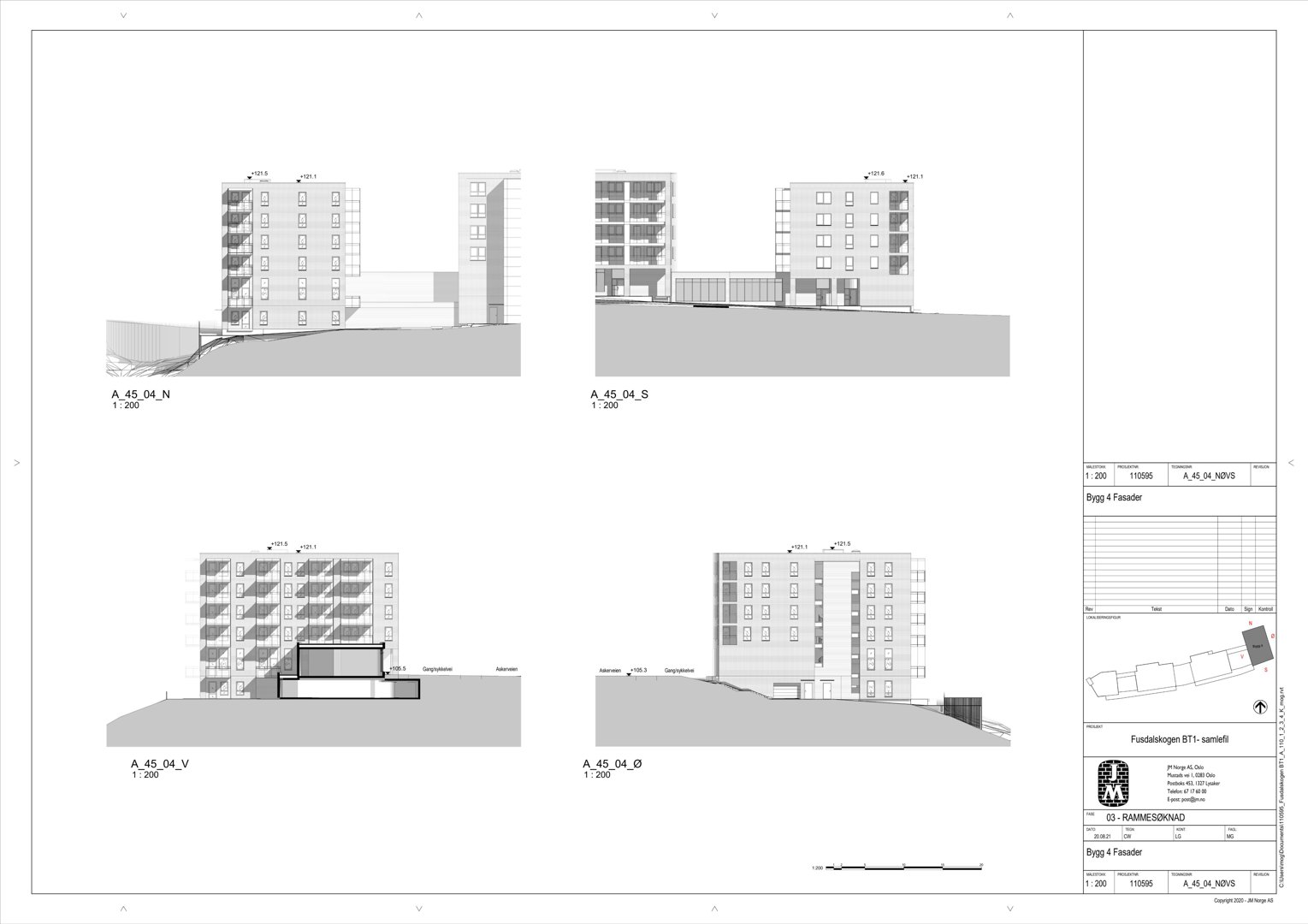 Bildet viser fire fasadetegninger (N, S, V, Ø) av en fleretasjes bygning med balkonger og terrasser.
