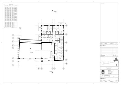 Etasjeplan (Bygg 4 Plan 01) som viser romfordeling, veggposisjon og romnavn.