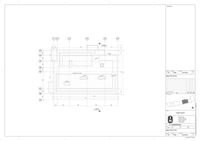 Etasjeplan (Bygg 3 Plan 00 Tak) som viser romfordeling, vegger og dimensjoner.