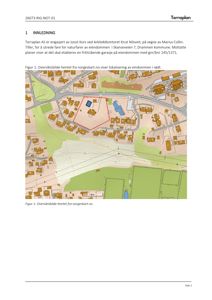 Oversiktskart (situasjonskart) som viser eiendommen i rød prikket linje og nabolaget.