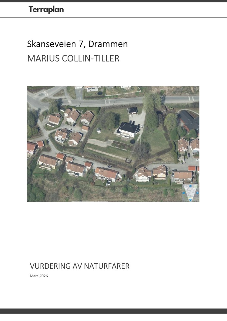 Et luftfoto (satellittbilde) av et boligområde med adressen Skanseveien 7, Drammen.