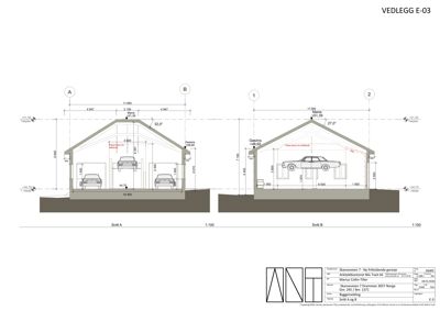 Snittegning (Snitt A og B) av en garasje med mål, høyder og konstruksjonsdetaljer.