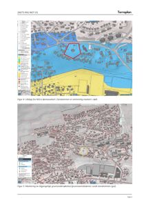 Bildet viser to kartutsnitt (Figur 4 og Figur 5) som illustrerer eiendommen i forhold til omgivelsene, inkludert grunnvannsnivåer og grunntidsbrønner.