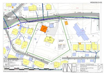 Situasjonsplan som viser tomtens grenser, nabolag, veier og eksisterende bygninger.