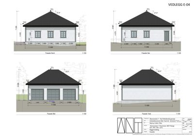 Fasadetegning som viser bygningens utseende fra fire ulike vinkler (Nord, Sør, Øst, Vest) med mål og detaljer.