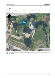 Flyfoto (dronebilde) av en tomt med eksisterende hus og planlagt plassering av garasje.