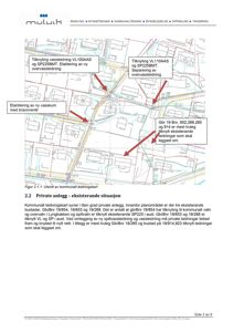 Utsnitt av kommunalt leidningskart som viser eksisterende og planlagte vann- og avløpsledninger, inkludert tilknytninger og separering.
