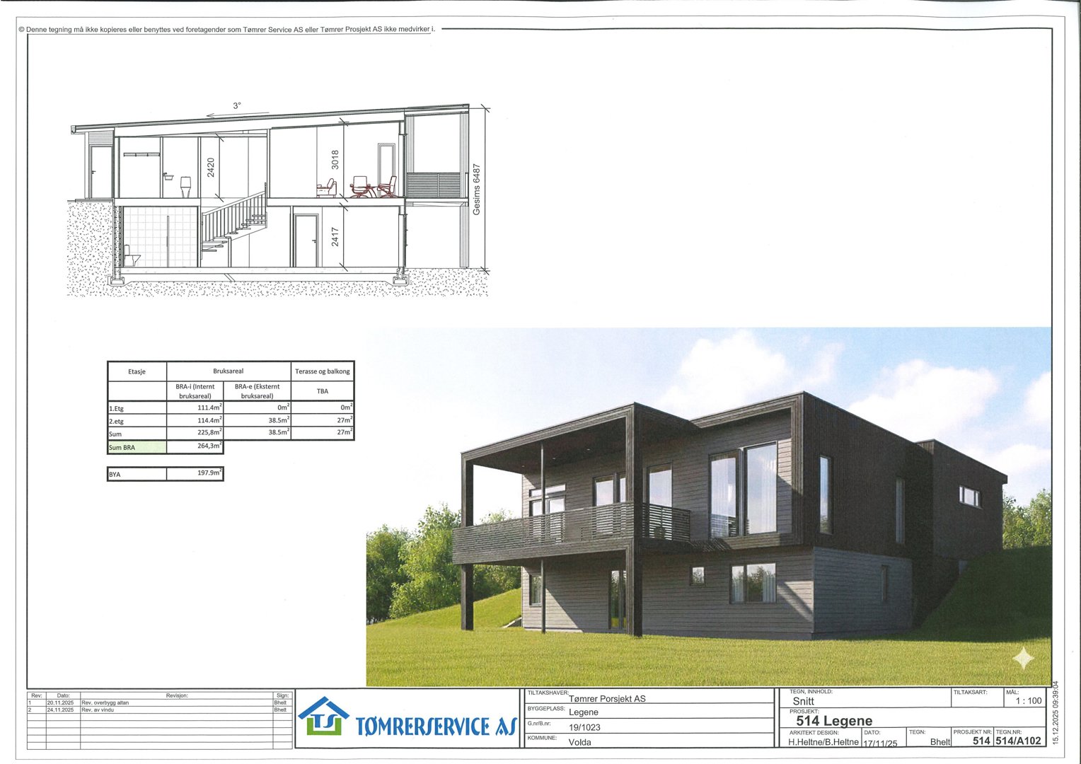 3D-visualisering av en moderne villa med fasade, balkong og omgivelser
