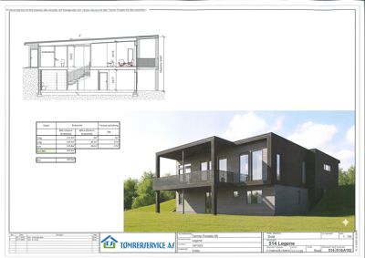 3D-visualisering av en moderne villa med fasade, balkong og omgivelser