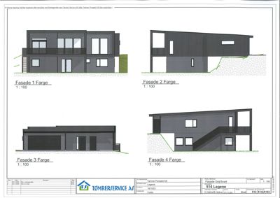 Fasadetegning som viser bygningens utseende fra fire ulike vinkler (Fasade 1-4) med angitt fargekombinasjon Grå/Svart.