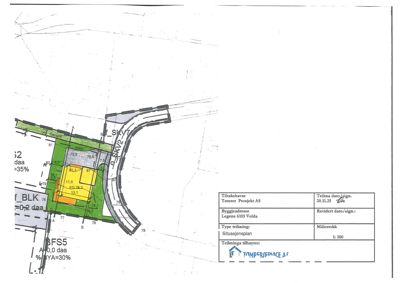 Situasjonsplan som viser tomtens beliggenhet, grenser, arealoppdelt og tilknyttede veier.