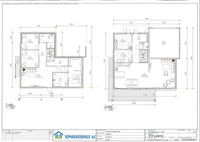 Plantegning som viser romfordeling og mål for første etasje (1.etg) og andre etasje (2.etg) av en bygning.